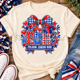 Cream Folsom Junior High FJH Hawks school spirit T-shirt in red white and blue