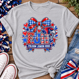 Heather gray Folsom Junior High FJH Hawks school spirit T-shirt in red white and blue
